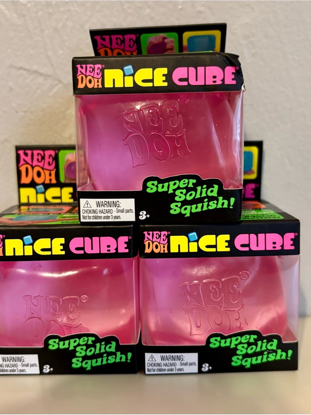 NeeDoh Nice Cube Pink Super Solid Squish Toy x3